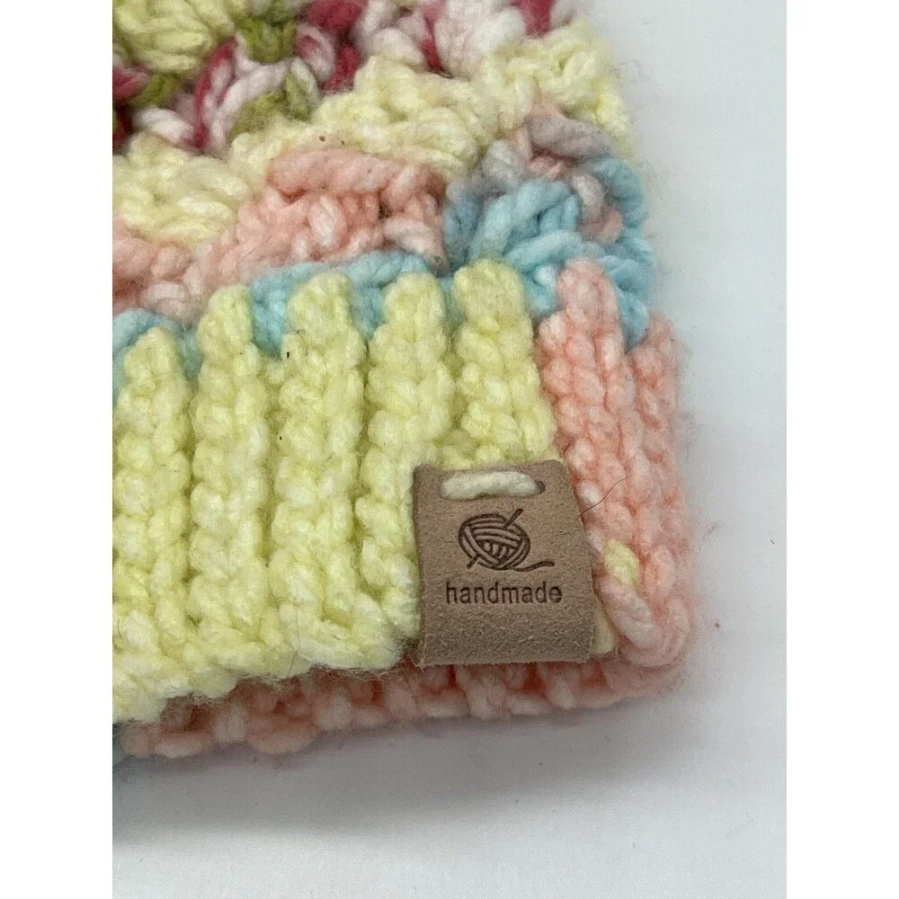 Handmade Knit Hat Beanie Womens One Size Multicolor Pom Bobble Chevron Winter